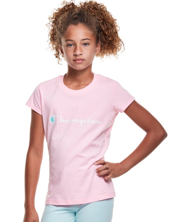 Champion Girls T-Shirt NZ - Classic Script Logo Pink ( 7419-WCZAL )